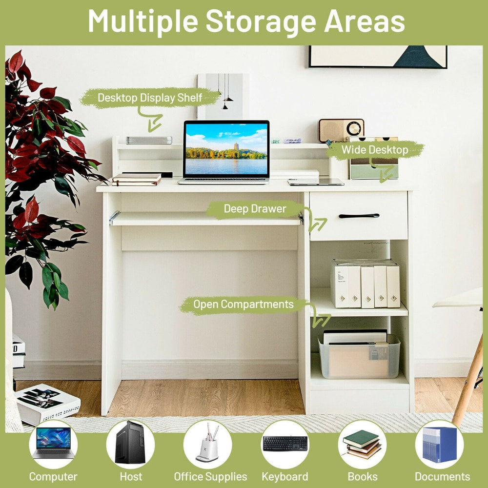 White office desk with labels pointing to multiple storage areas and desktop display shelf