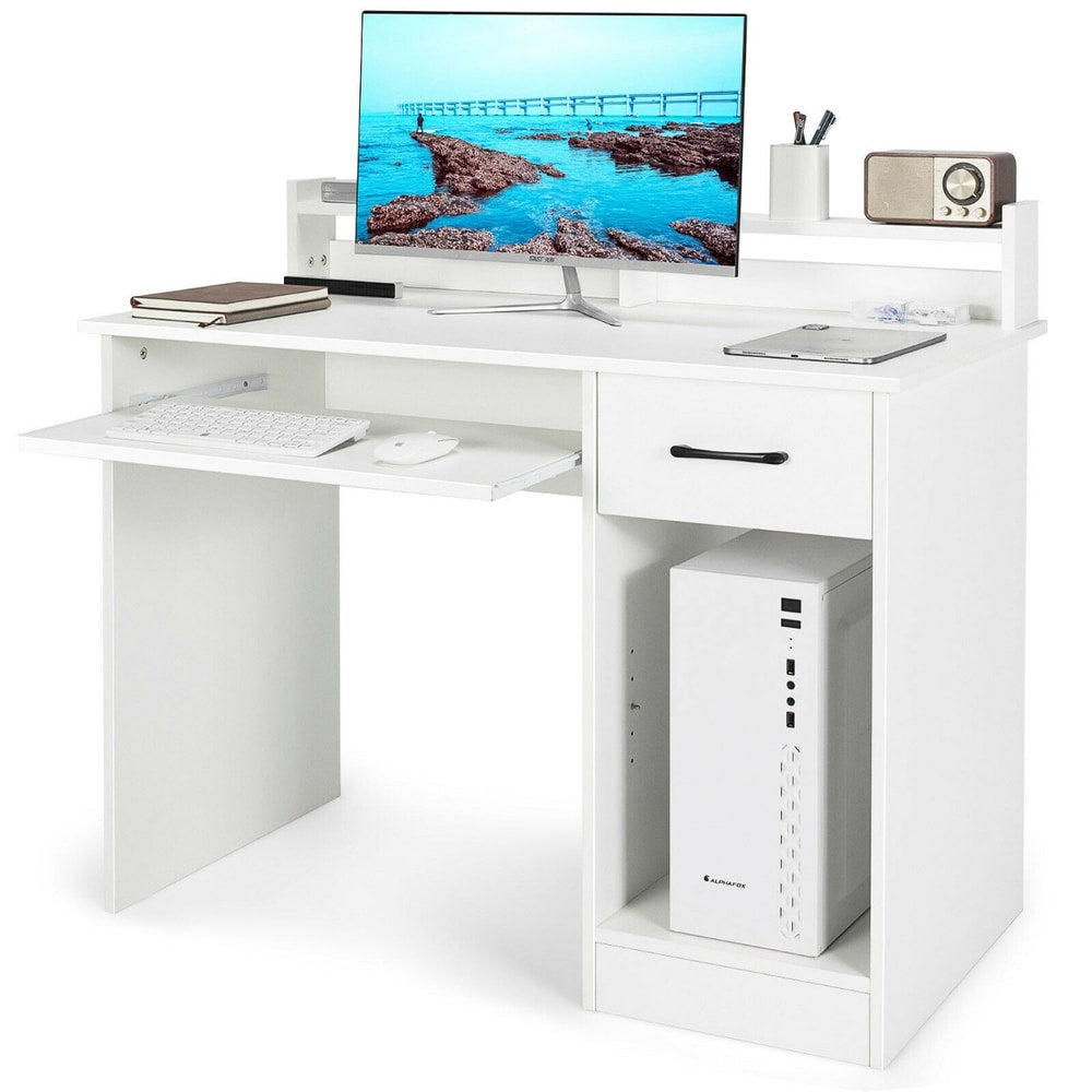 White office desk with a computer tower on the open shelf and keyboard on the tray
