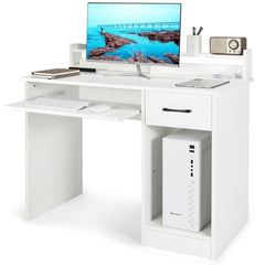 White office desk with a computer tower on the open shelf and keyboard on the tray