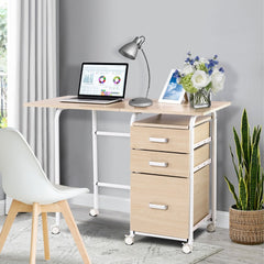 This office desk is shown in a living room with a chair and a plant nearby