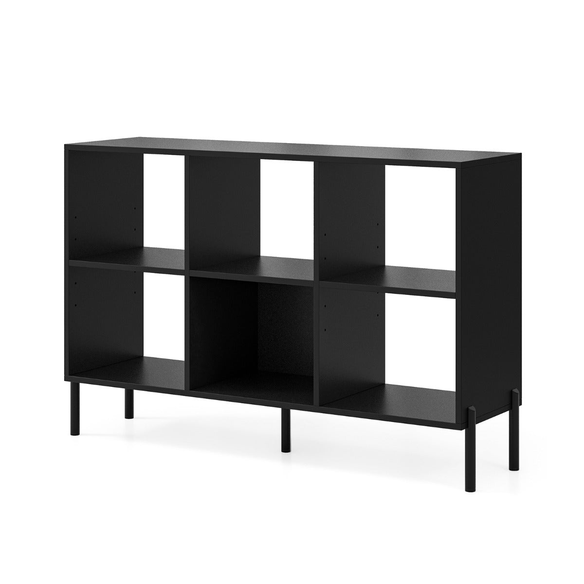 Rear view of the black wooden open bookshelf with six cubes