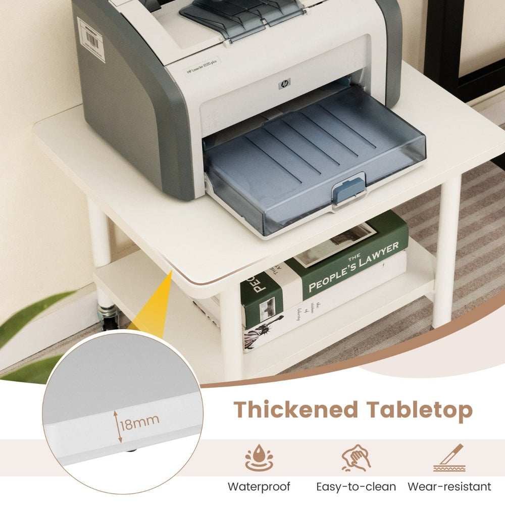 The printer stand with a close up of the tabletop edge showing its thickness