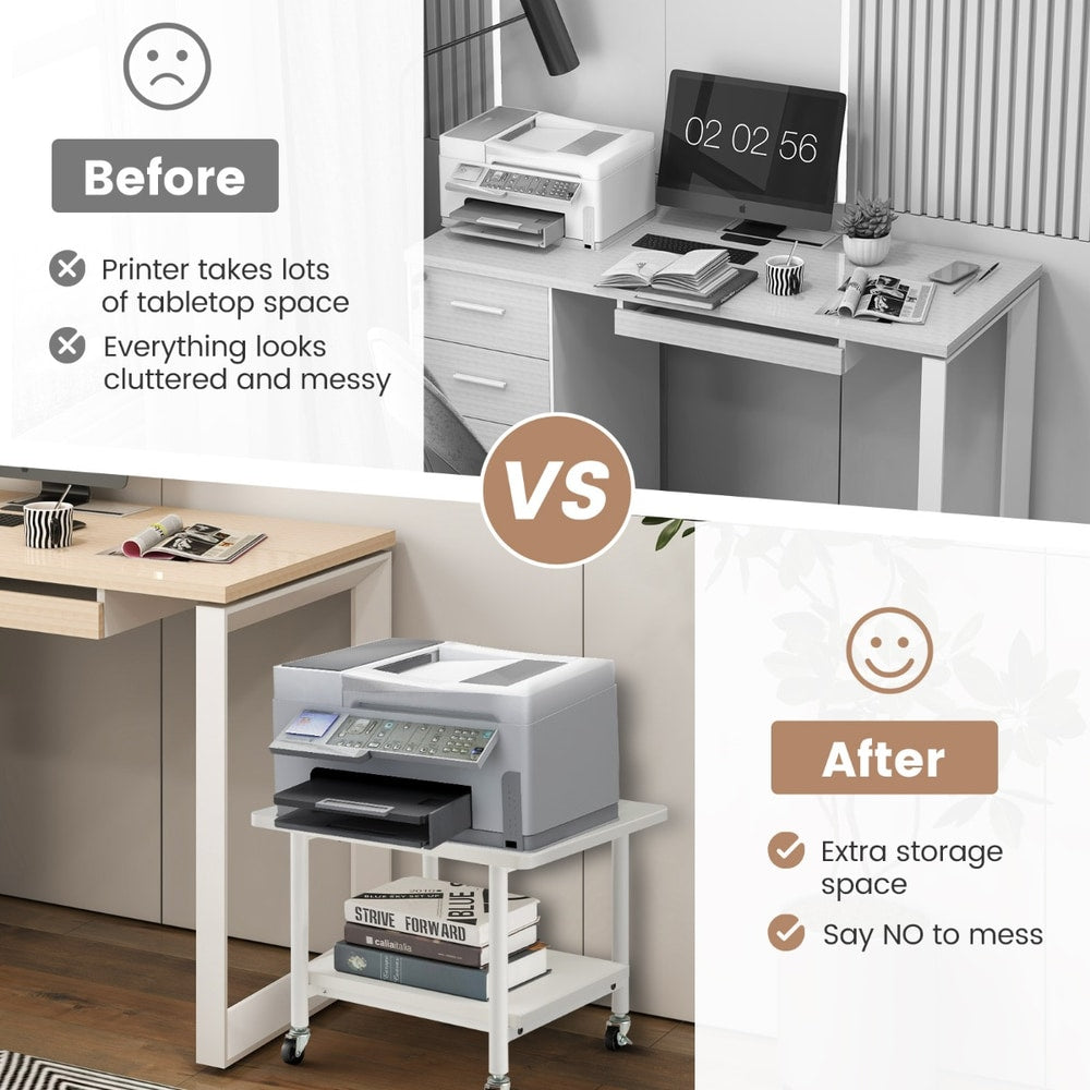 The printer stand shown in a before and after comparison of a cluttered desk space