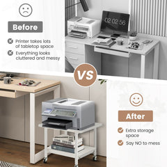 The printer stand shown in a before and after comparison of a cluttered desk space