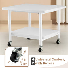 The printer stand with a magnified view of the swivel caster wheel and brake