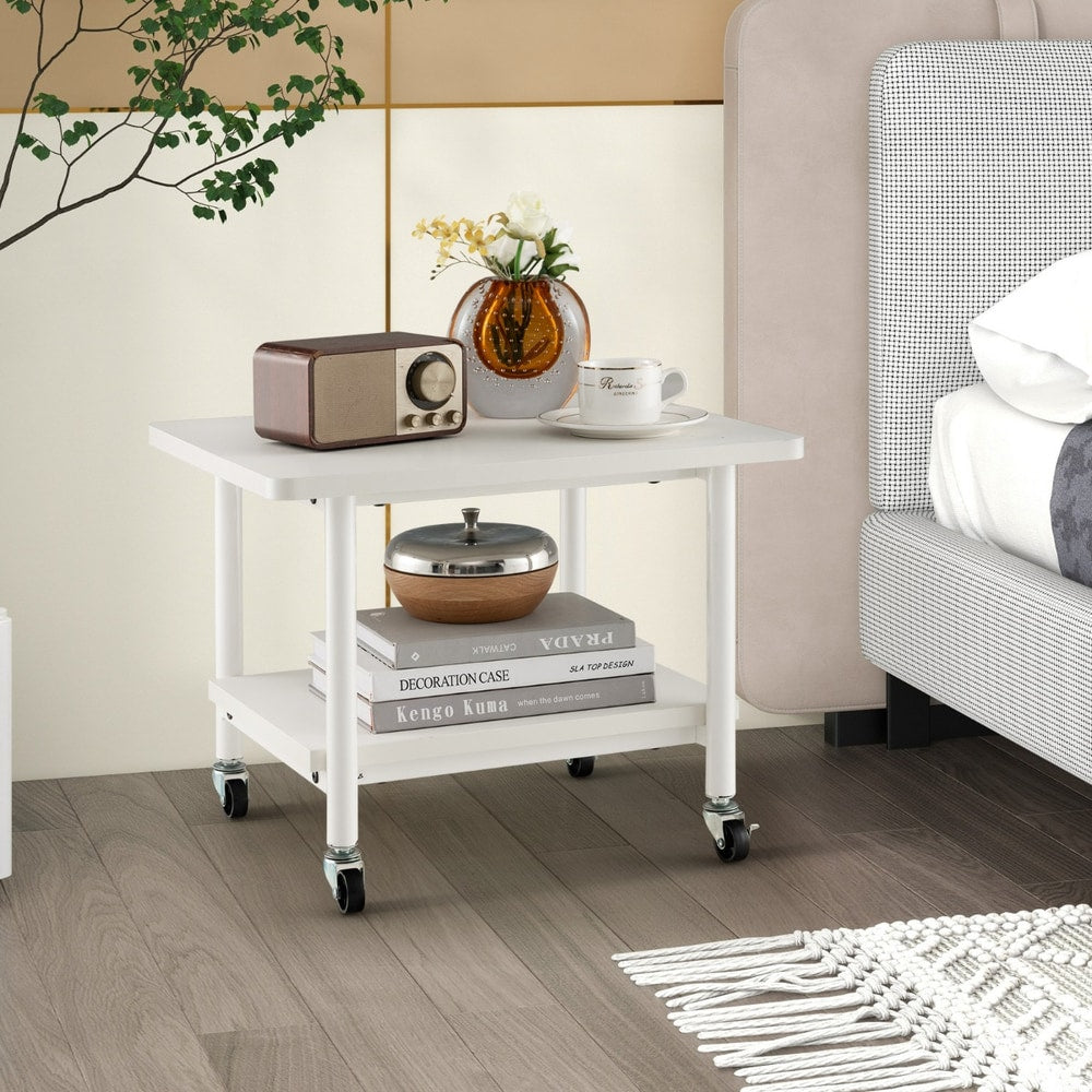 The printer stand placed as a bedside table next to a bed with a radio and decor
