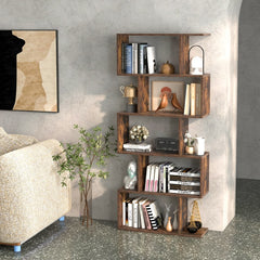 The brown S-shaped bookcase filled with books and ornaments in a domestic setting