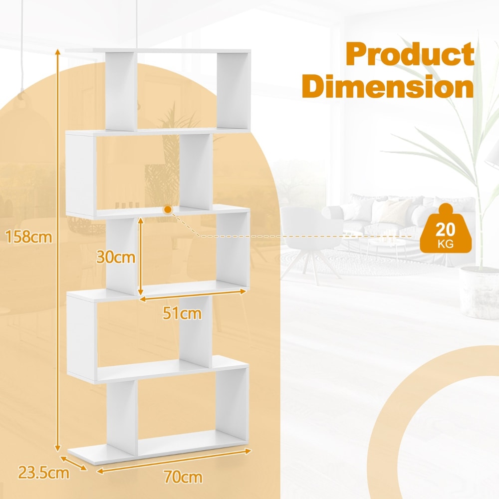 Product dimensions for the white geometric S-shaped bookcase, showing height and width measurements