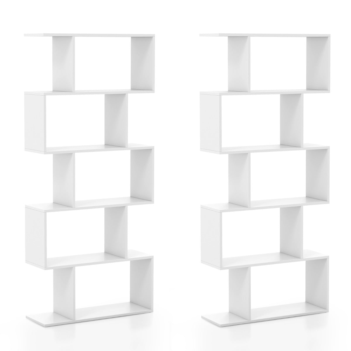 Two white geometric S-shaped bookcases shown together, demonstrating arrangement options