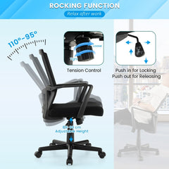 Diagram showing the rocking function and adjustable height of the ergonomic desk chair