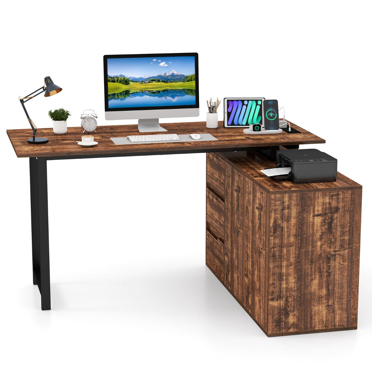 The office desk featuring a computer, desk lamp, and printer placed on the wooden surface