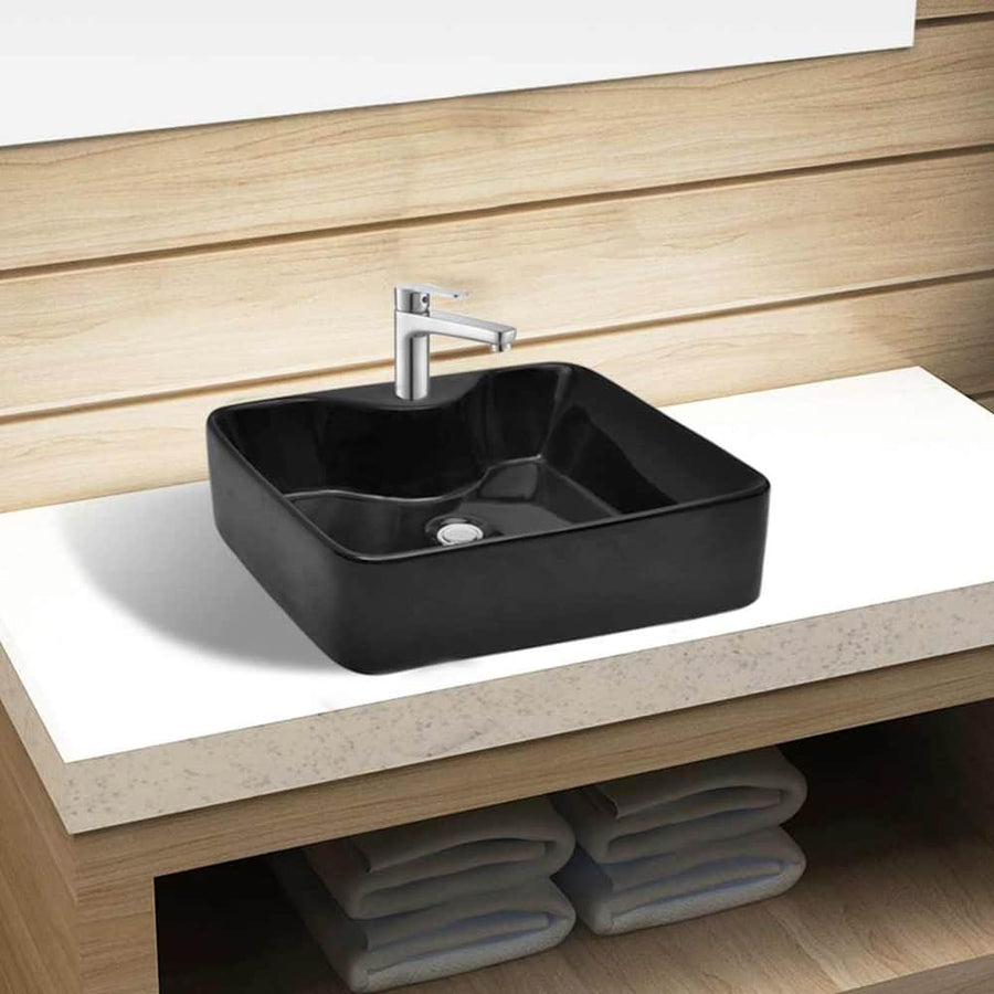 Ceramic Bathroom Sink Basin with Faucet Hole Black Square 1
