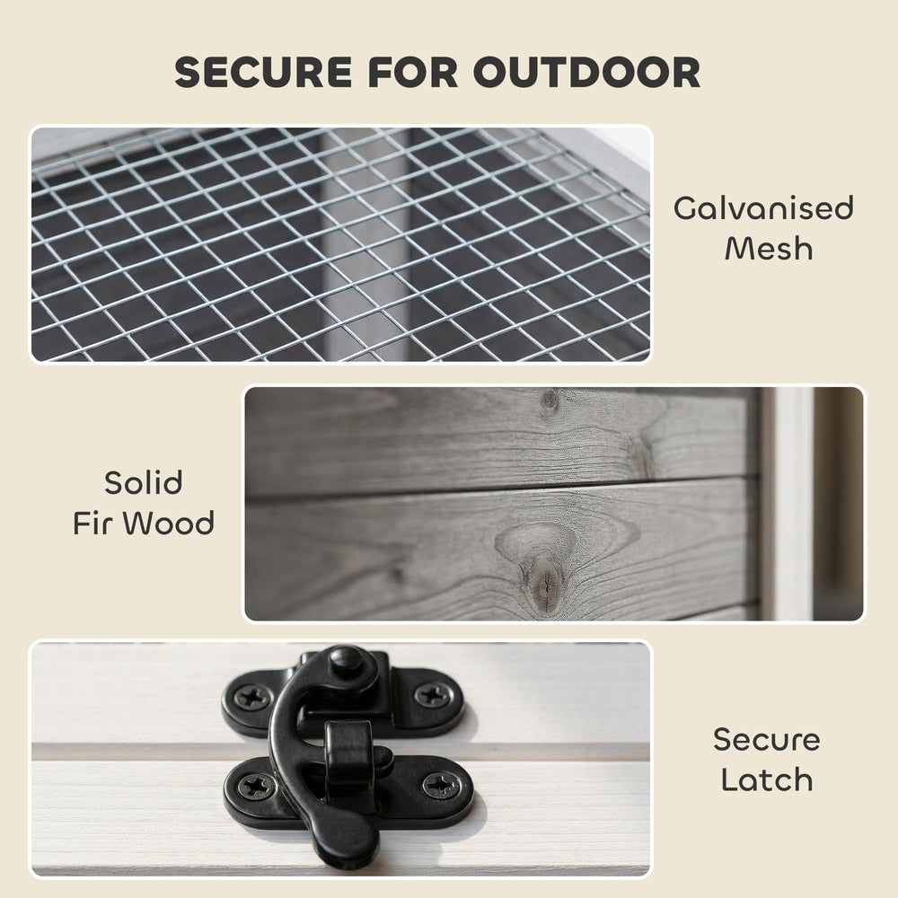 Close-ups of the galvanised mesh, solid fir wood, and secure latch on the tortoise house