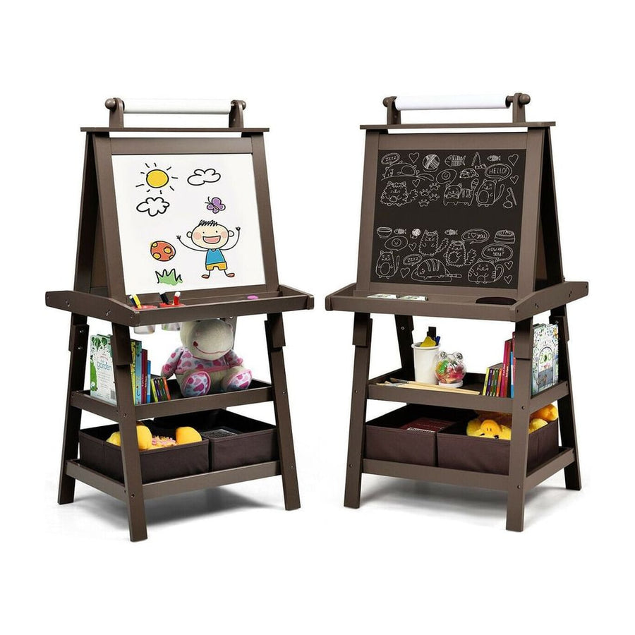 Children's Double-Sided Art Easel with Paper Roll-Brown