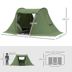 Diagram showing the dimensions of the camping tent and sleeping capacity
