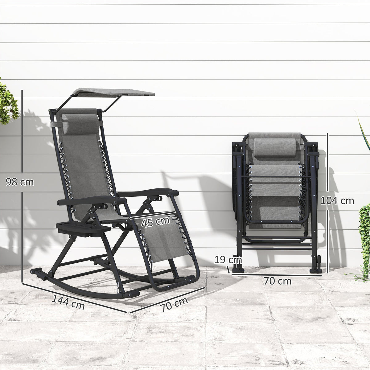Outsunny Garden Rocking Chair Folding Recliner Outdoor Adjustable Sun Lounger Rocker Zero-Gravity Seat with Headrest Side Holder Patio Deck - Grey