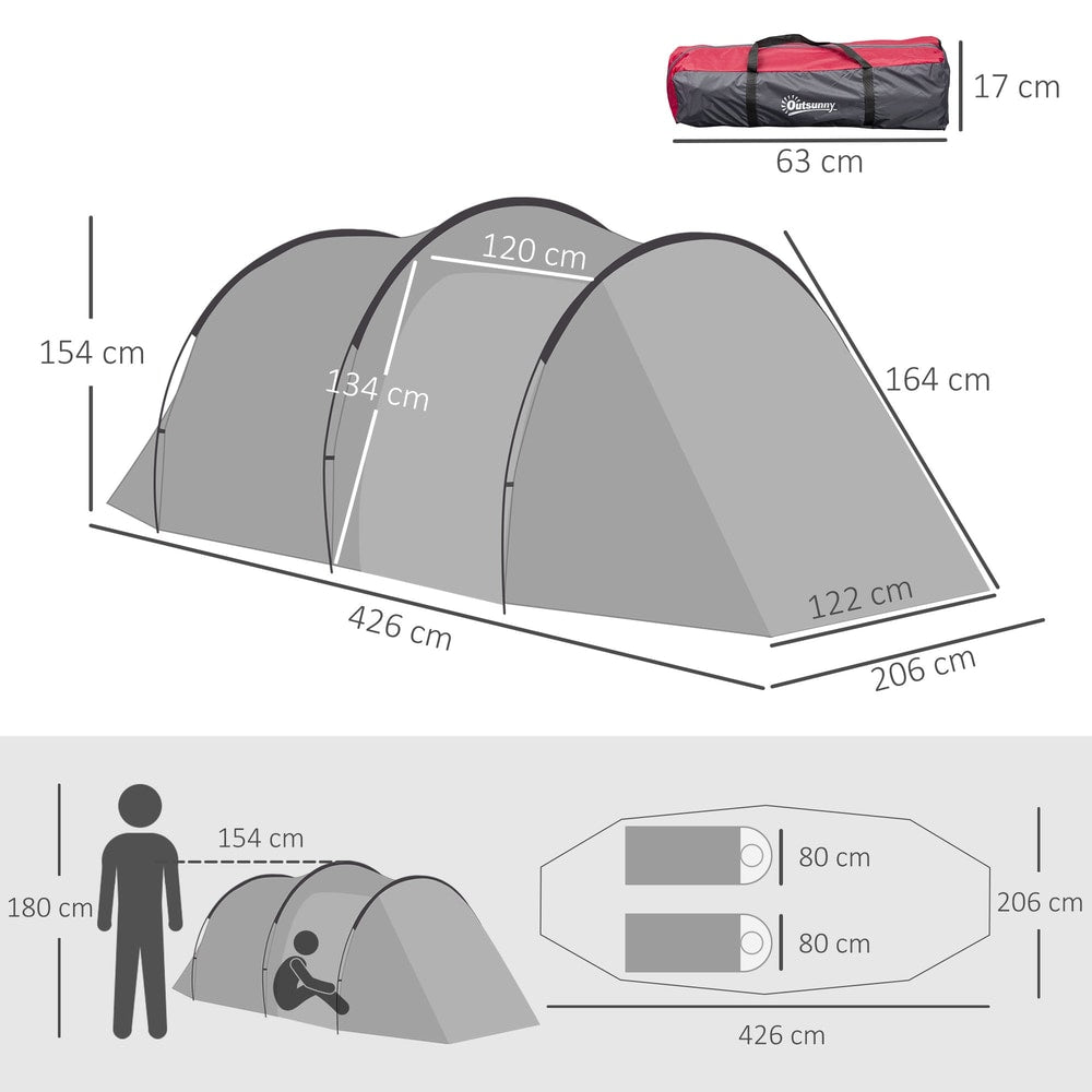 Diagram showing the dimensions of the tunnel tent and a silhouette of two people for scale