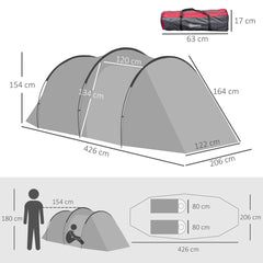 Diagram showing the dimensions of the tunnel tent and a silhouette of two people for scale
