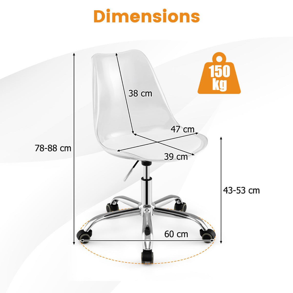 The office chair showing various dimensions and the maximum weight capacity in a diagram