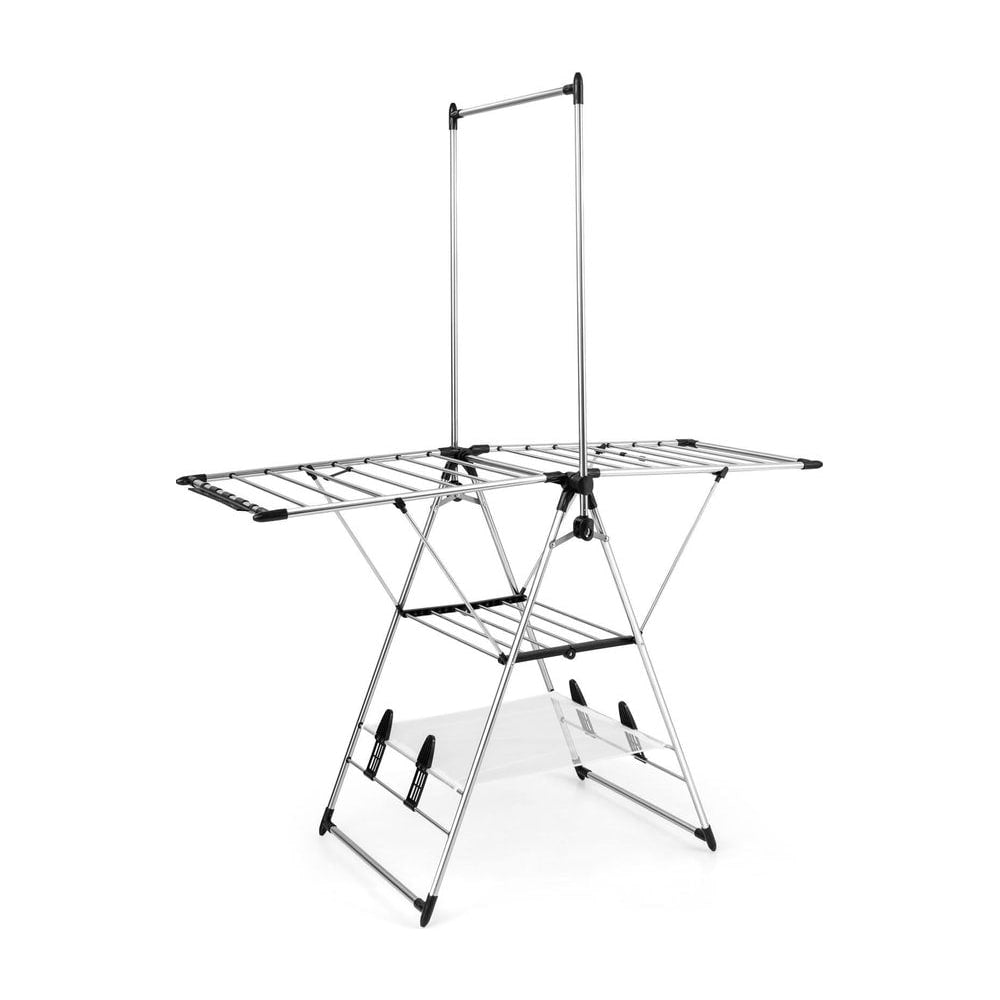 Clothes Drying Rack with 6-Level Adjustable Height, a silver metal folding drying rack with two levels of shelves and a