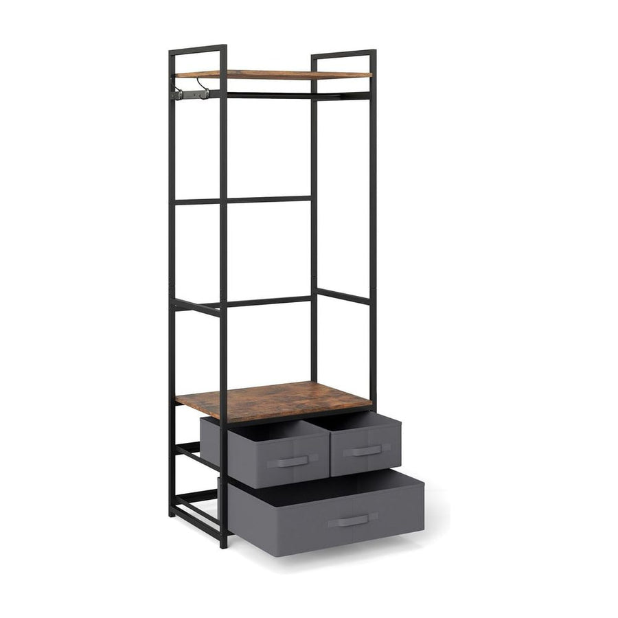 Clothes Rack with Drawers showing the metal frame, wooden shelves and three grey fabric storage boxes