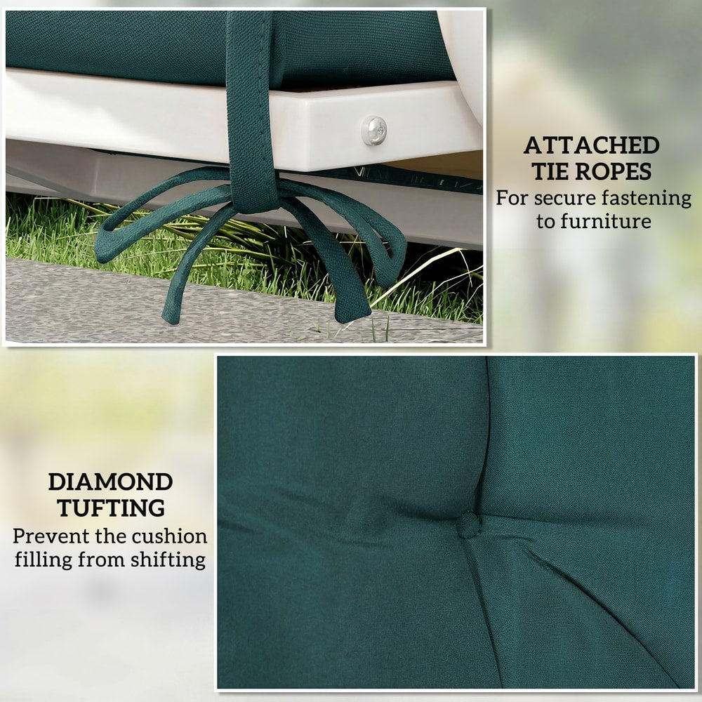 Close up of the green garden chair cushion showing ties and diamond tufting