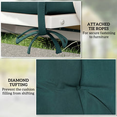 Close up of the green garden chair cushion showing ties and diamond tufting