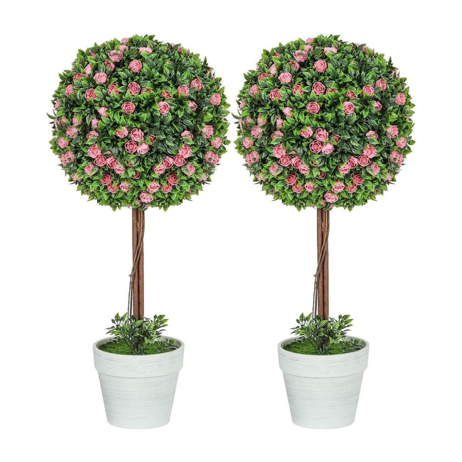HOMCOM Set of 2 Decorative Artificial Plants, Ball Topiary Tree with Rose Flower in Pot, Fake Plants for Home Indoor Outdoor
