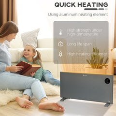 The electric heater near a mother and child with text explaining the quick heating element