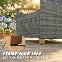 Outsunny 2 Seater Rattan Garden Sofa, Outdoor Sofa with Thickened Cushions and Acacia Wood Armrests, Dark Grey