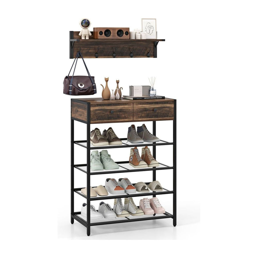 Coat Rack Shoe Stand Set with wall-mounted coat rack and drawers in brown