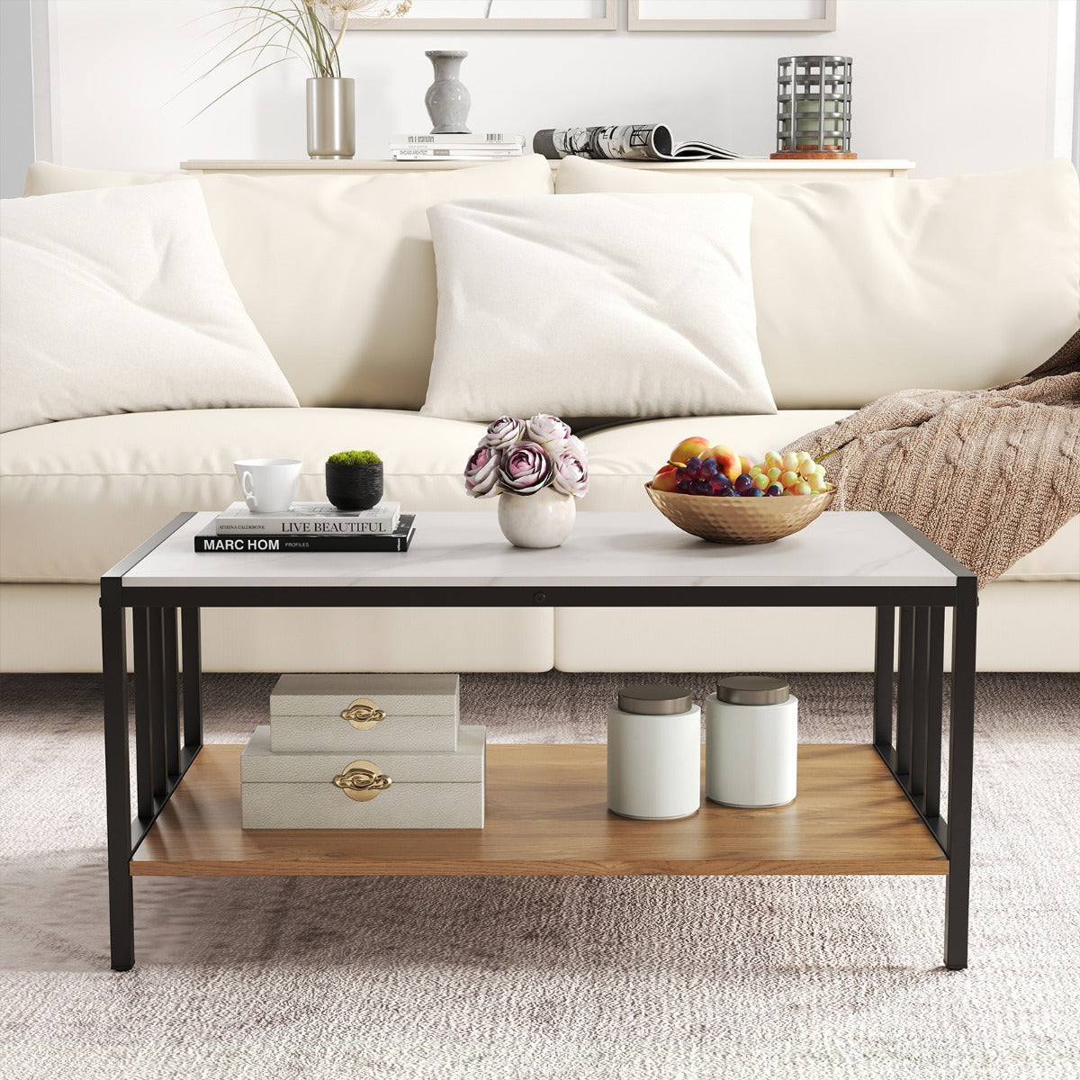 The coffee table is shown in a lounge setting with a sofa and decorative items