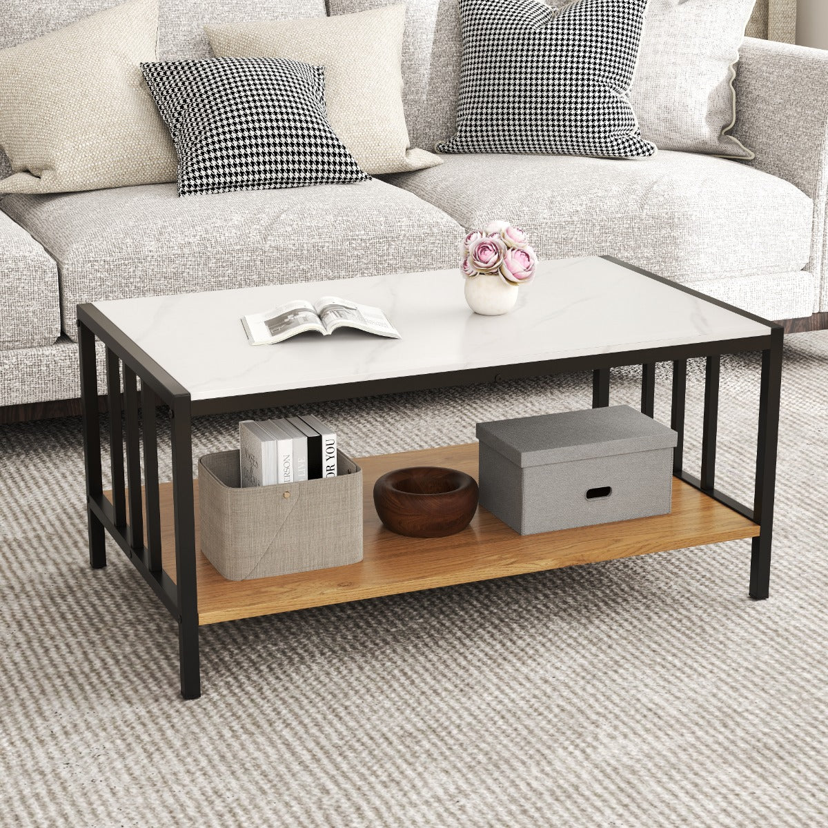 A coffee table with a white top and wood shelf, placed in a room with a sofa