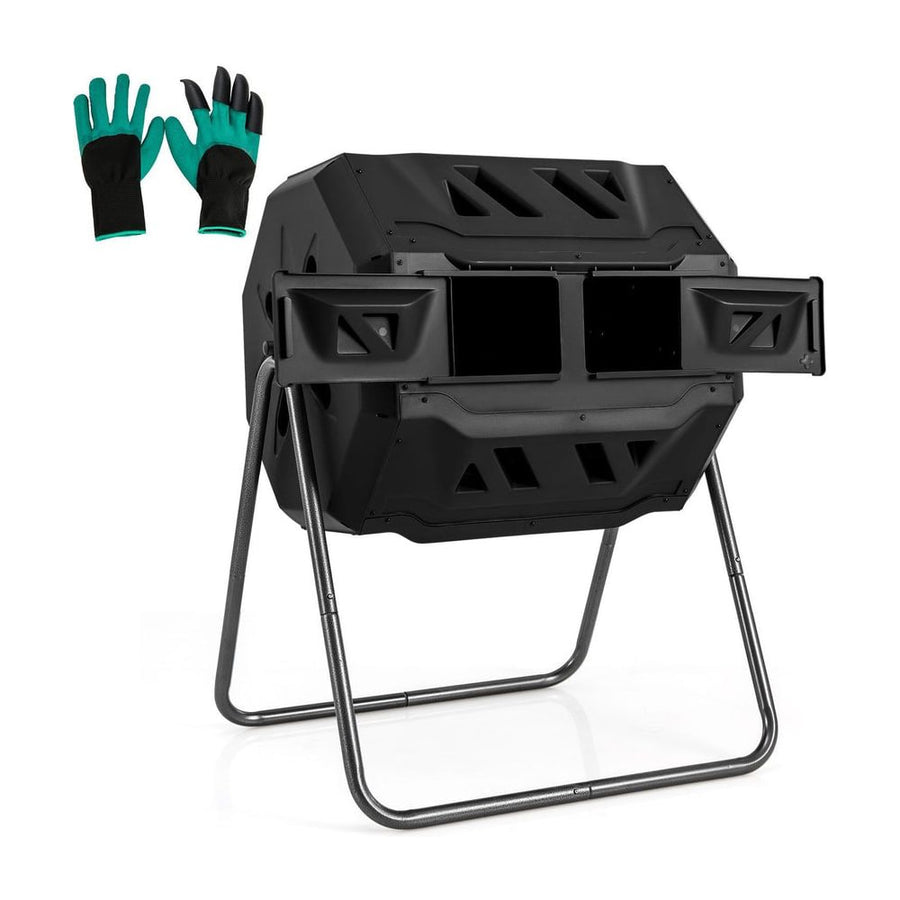 Compost Bin 160L Dual Chamber Composting Tumbler with sliding doors in black, shown with gardening gloves