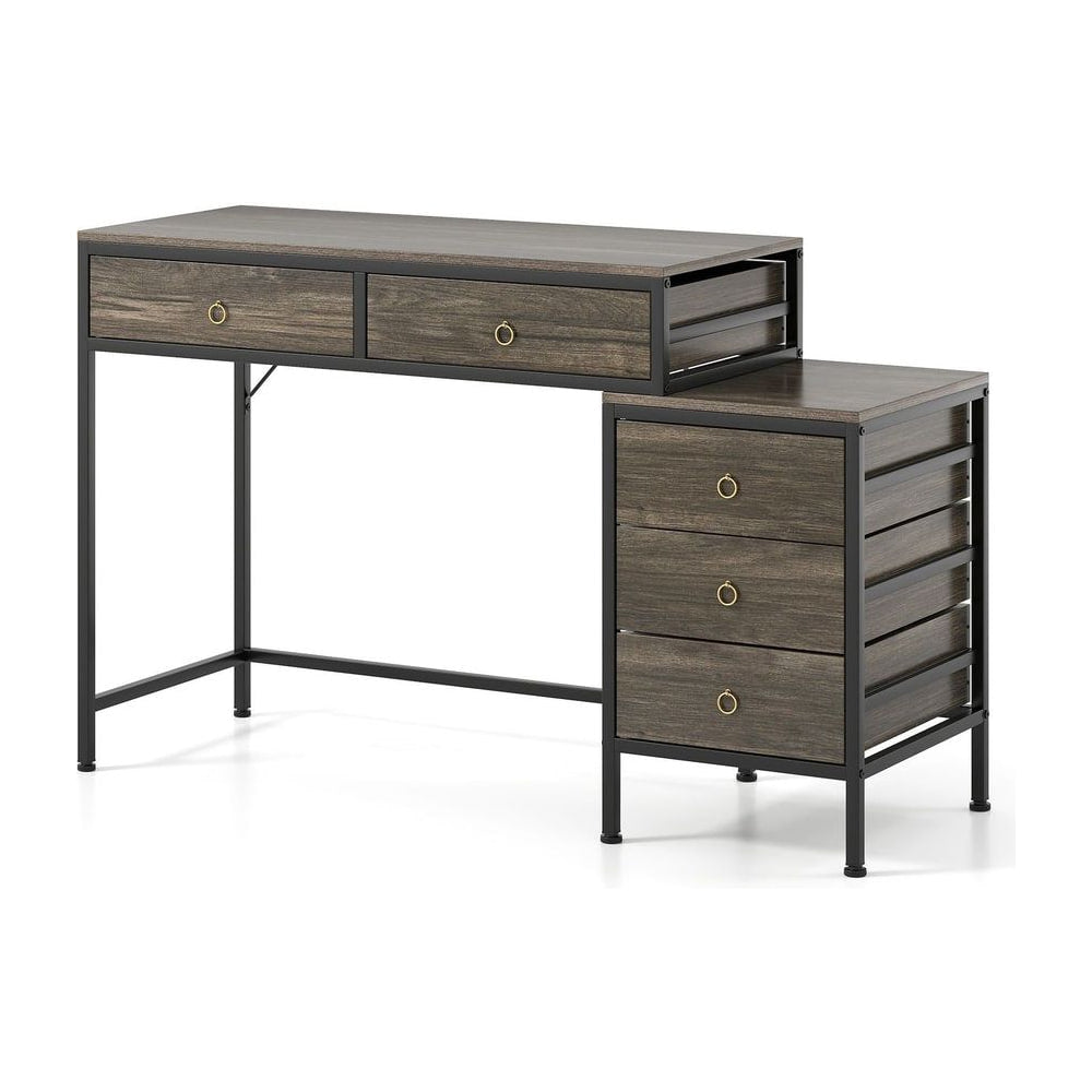 Computer Desk with 5 Drawers and Side File Cabinet in grey with a black metal frame