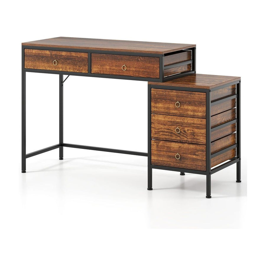Computer Desk with 5 Drawers and Side File Cabinet-Rustic Brown
