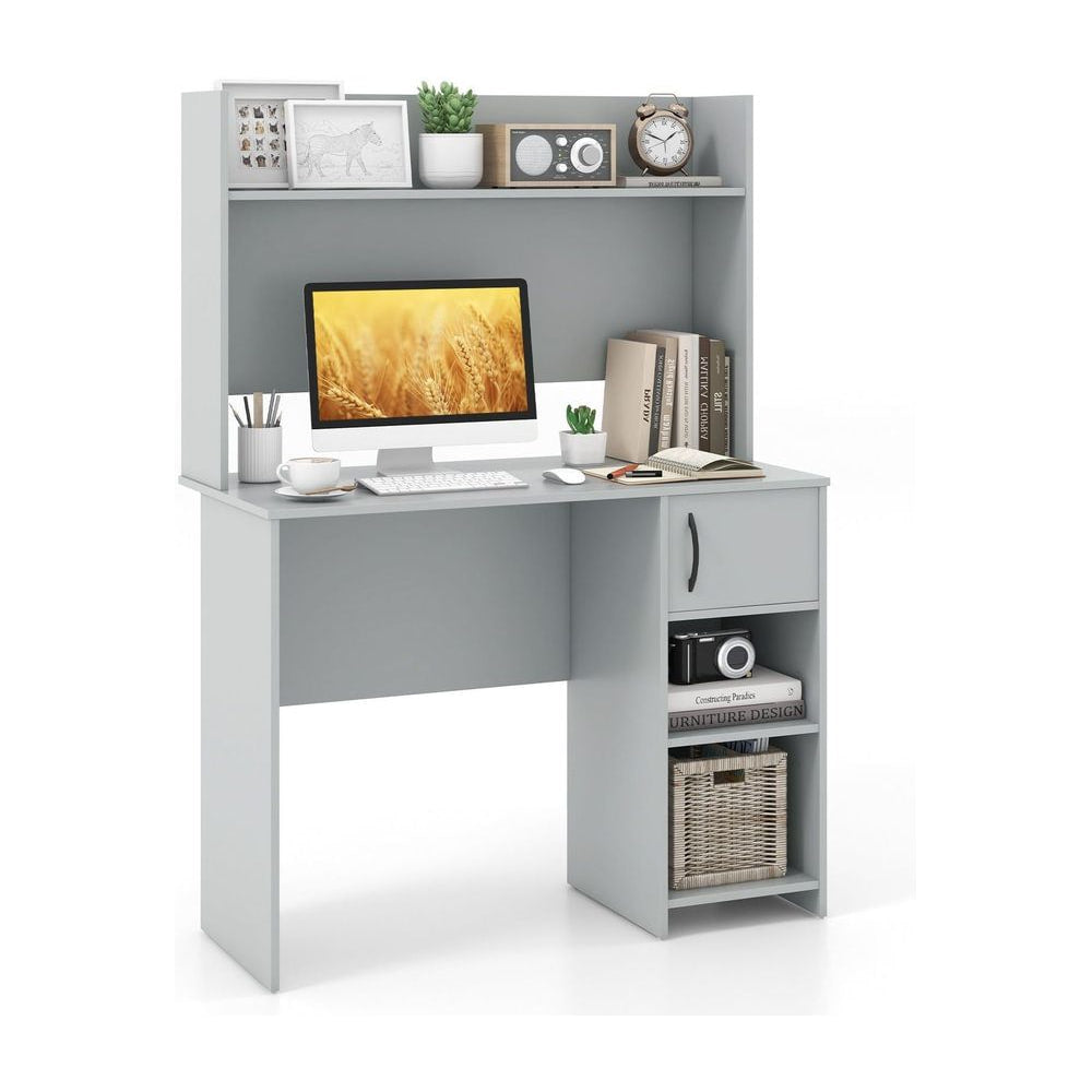 Computer Desk with Hutch and 2 Open Shelves shown with a computer and various decorative items