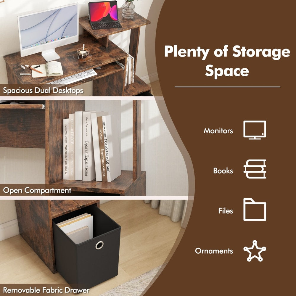 The office desk highlighting storage features including the shelf and fabric drawer
