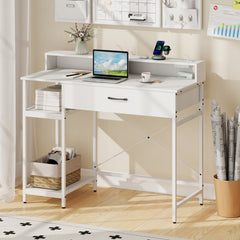 Computer Desk with Power Outlets and Top Shelf-White