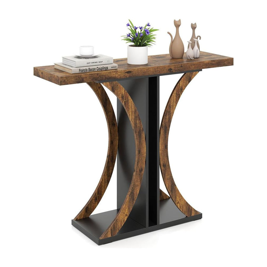 Console Table with a rustic brown top and geometric frame decorated with books and ornaments