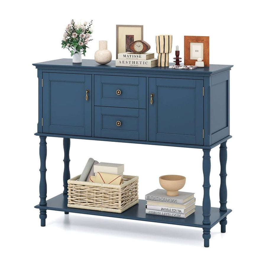 Console Table with two drawers and two cabinets decorated with books and a basket on the lower shelf