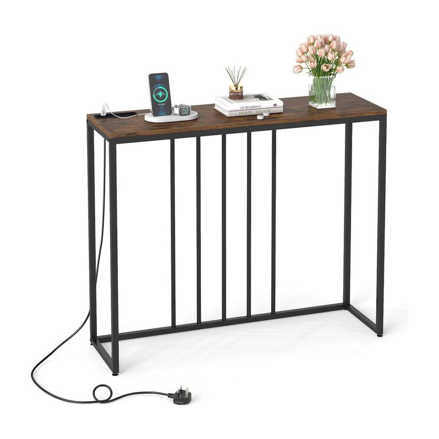 Console Table with charging station and power outlets in rustic brown with a black metal frame