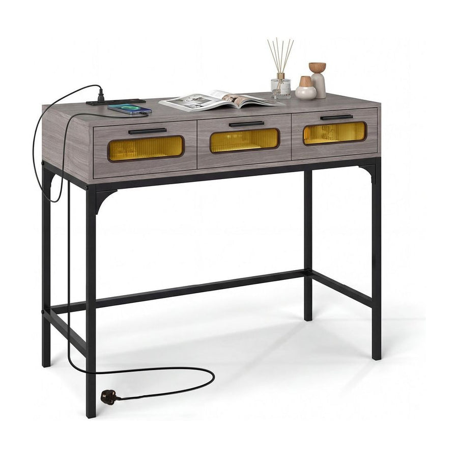 Console Table with charging station, drawers and LED lights in grey wood effect finish