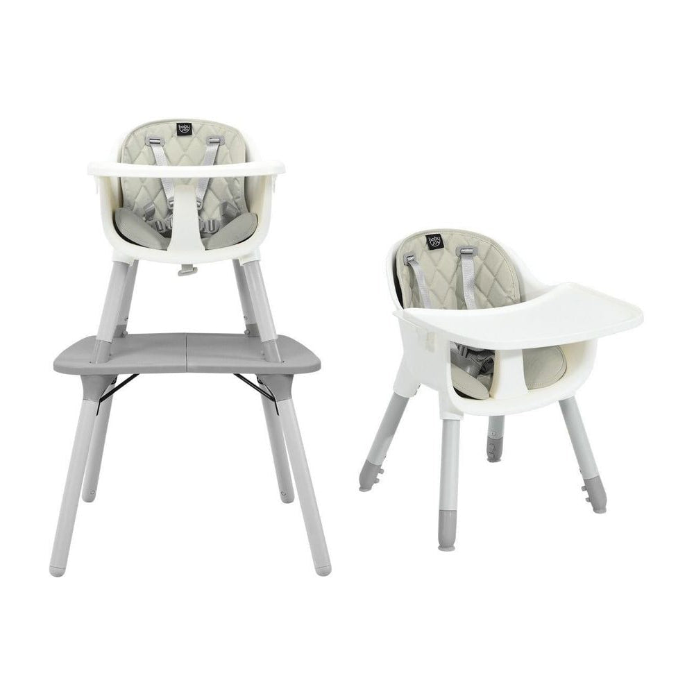Convertible baby high chair with 2-position removable tray in grey, shown as a high chair and a separate low chair