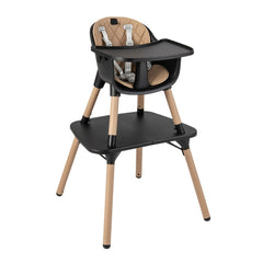 The high chair with a beige padded seat and black tray on a white background