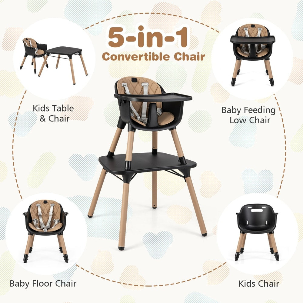 The high chair shown in five different assembly modes for feeding and play