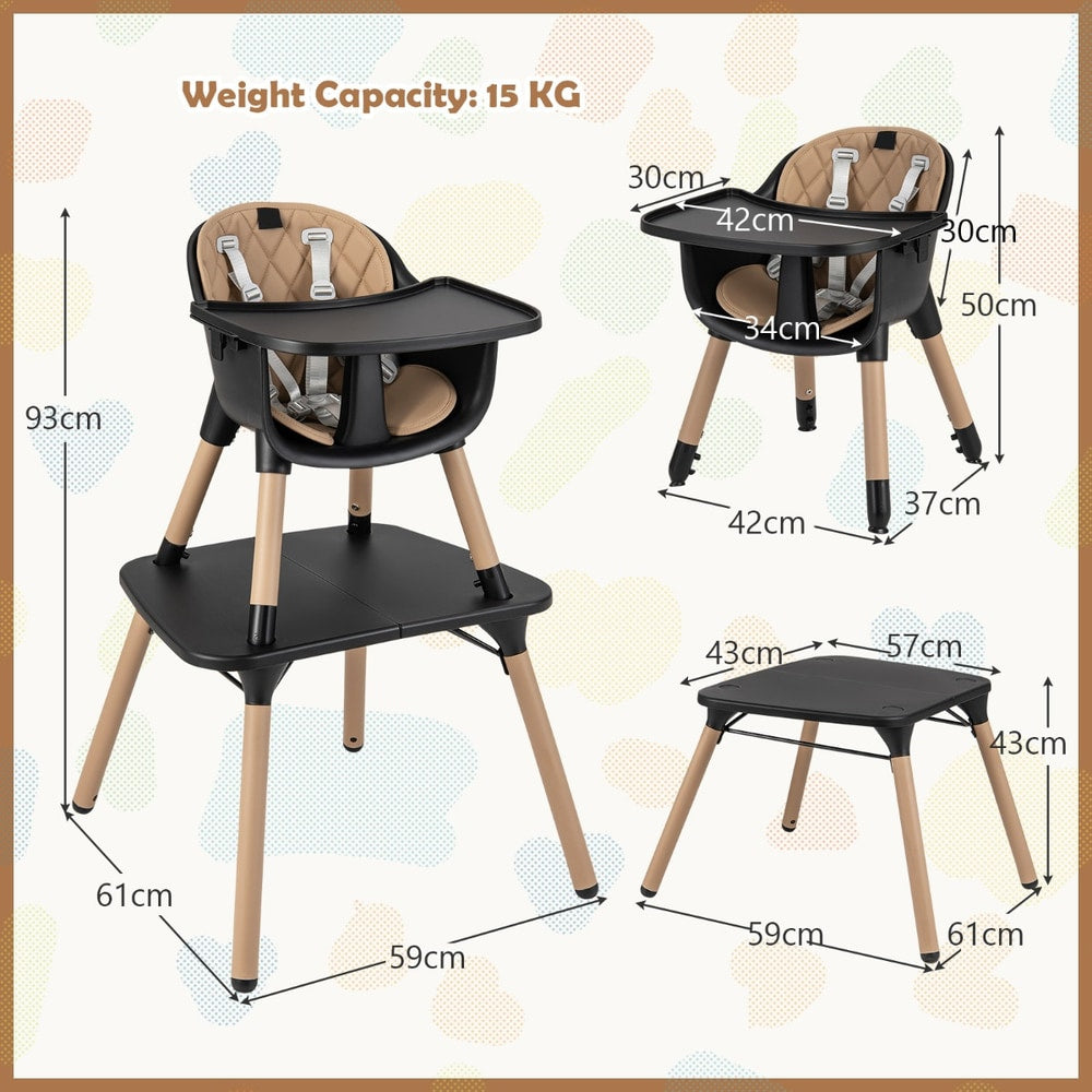 The high chair and table with arrows showing dimensions and weight capacity