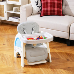 The feeding chair with a tray placed on a wooden floor in front of a sofa