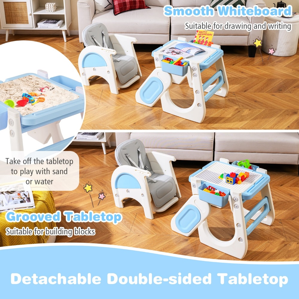 The feeding chair shown as a desk and chair set with a building block tabletop