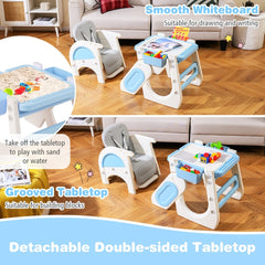 The feeding chair shown as a desk and chair set with a building block tabletop